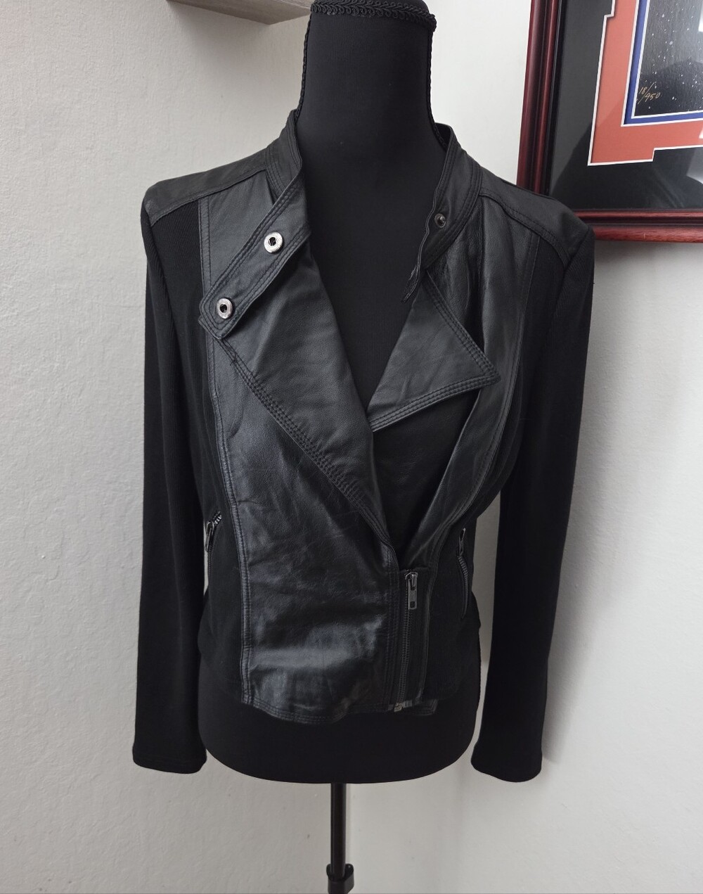 Line & Dot Black Mixed-Media Moto Jacket Lambskin Biker Chic Fall Grunge Western